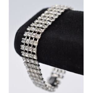 Vintage Crystal Bracelet Shiny Prong Rhinestone Silver Statement 1980s BinAD